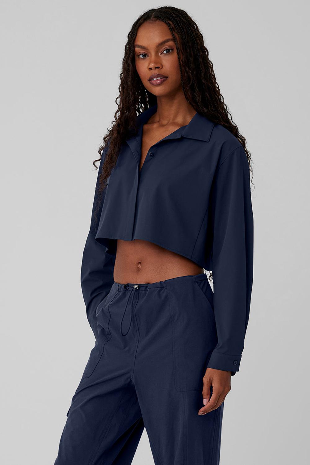 Camisa Recortada Alo Yoga Take Me Out Button Up Mujer Azul Marino | Chile  40691-NFDP