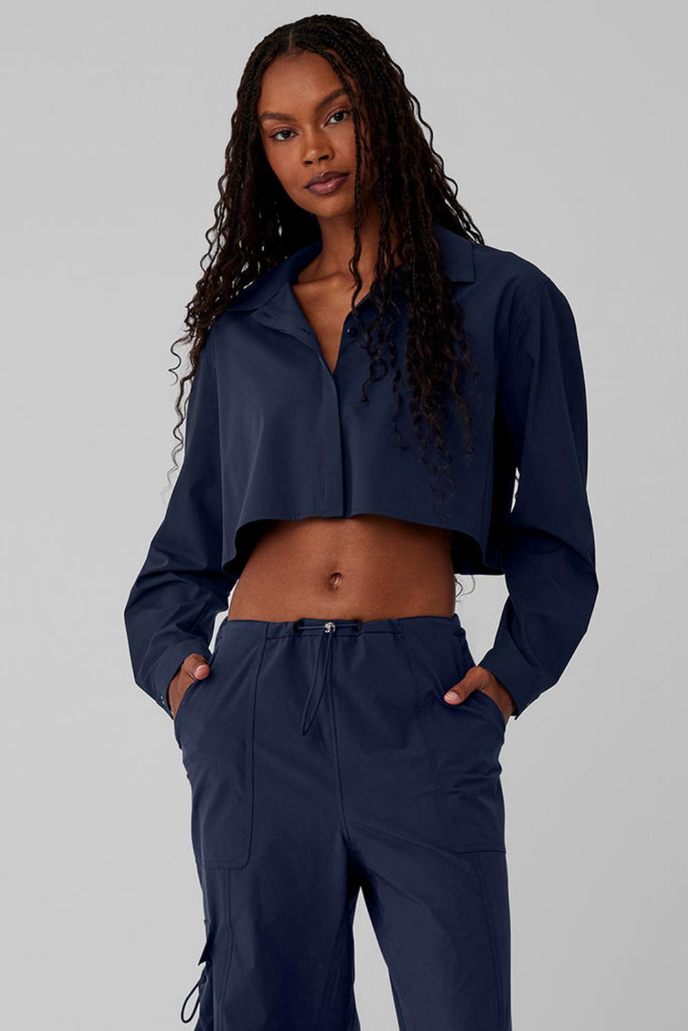 Camisa Recortada Alo Yoga Take Me Out Button Up Mujer Azul Marino | Chile  40691-NFDP