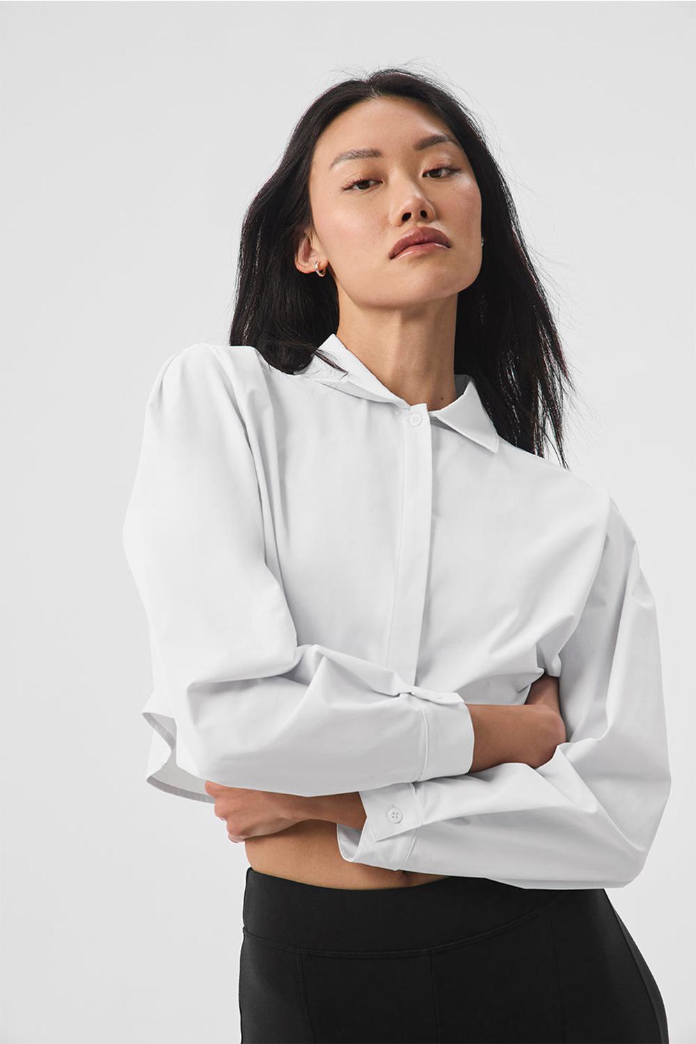 Camisa Recortada Alo Yoga Take Me Out Button Up Mujer Blancas | Chile  25097-FKUL