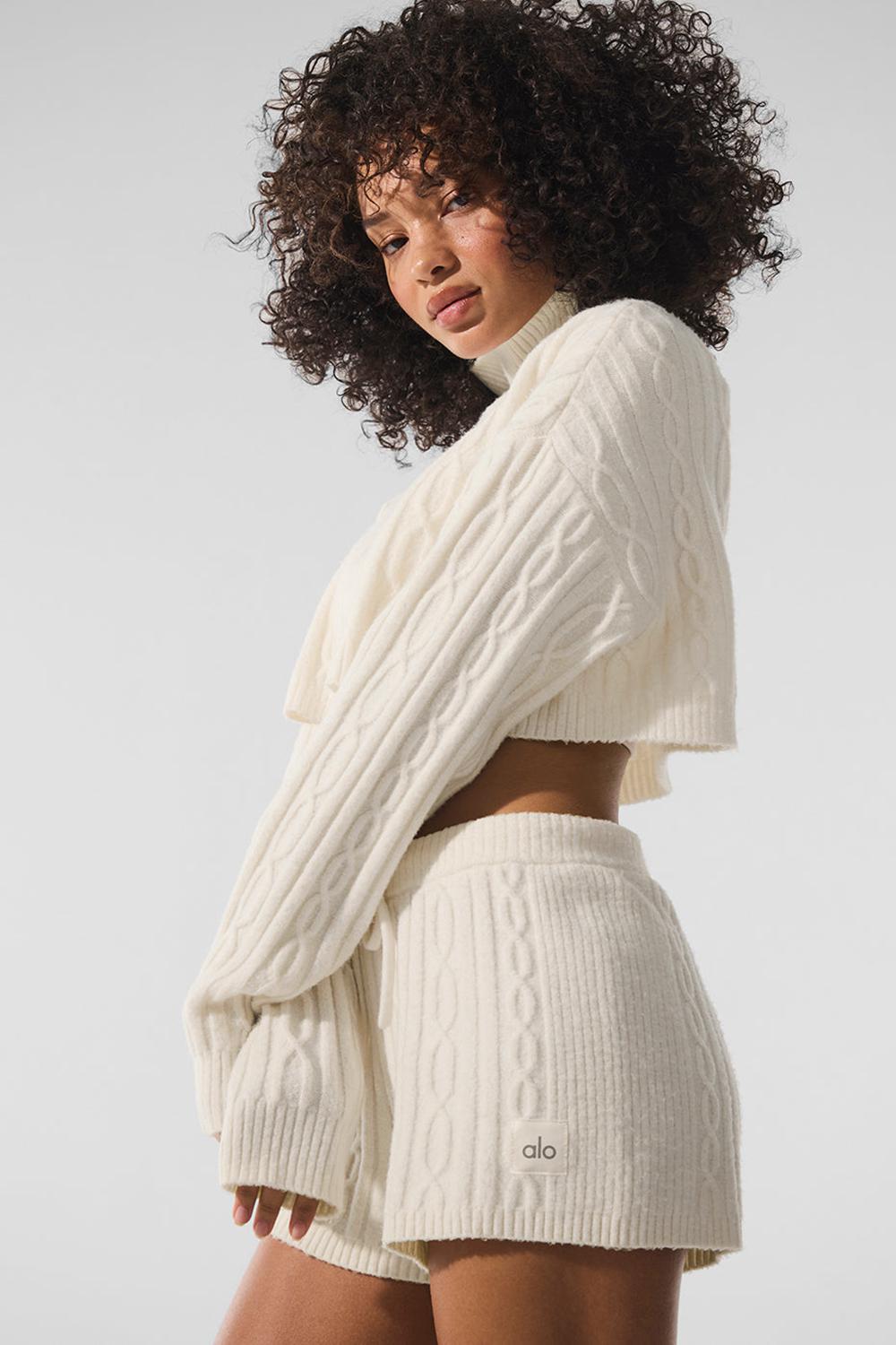 Manga Larga Alo Yoga Cable Knit Cropped Winter Bliss Turtleneck Mujer Ivory | Chile  79231-XMYO