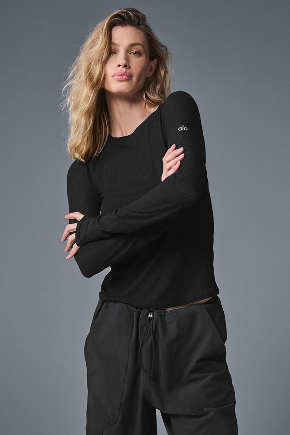 Manga Larga Alo Yoga Ribbed Sea Coast Mujer Negras | Chile  71025-QJTW